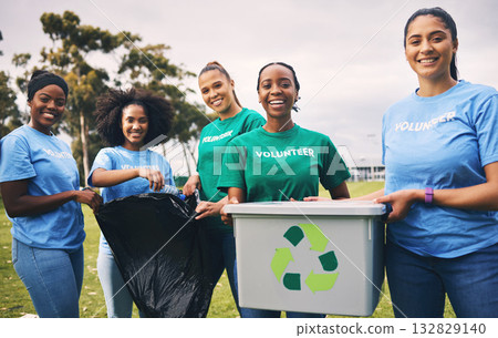 Young people, recycling and volunteer portrait of group doing outdoor waste and garbage cleaning. Earth day, charity and community clean up project with student teamwork to recycle for sustainability 132829140