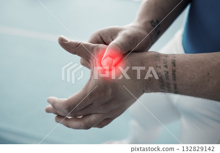 Hand pain, sport injury and person with fitness, muscle tension or torn ligament, gymnast at gym and red overlay. Sports accident, medical emergency and competition with gymnastics, inflamed of joint 132829142