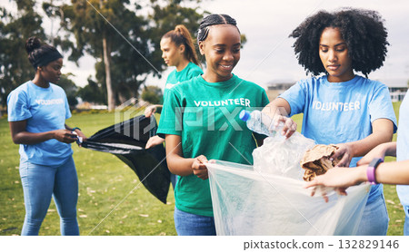 Students, recycle and community volunteer project with young people cleaning plastic and trash. Happy, recycling and charity work for a sustainability, eco friendly and ecology service outdoor 132829146