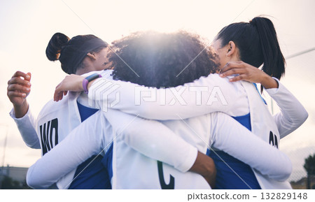 Netball, sport huddle and women with teamwork and motivation before match. Outdoor, sports court and students ready for exercise, fitness and game strategy conversation in athlete group circle 132829148