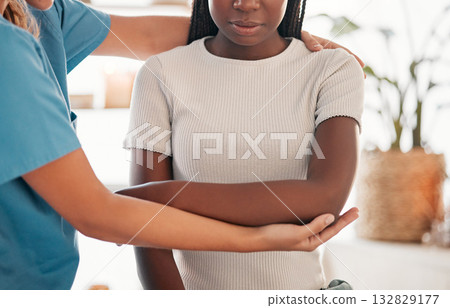 Physical therapy, therapist and woman arm in muscle massage, joint pain and stretching support. Physiotherapy, medical professional or chiropractor hands for elbow check and consulting african client Physical therapy, therapist and woman arm in muscle massage, joint pain and stretching support. Physiotherapy, medical professional or chiropractor hands for elbow check and consulting african client 132829177
