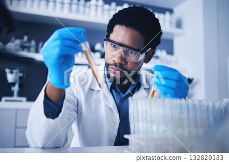 Science, test tube and black man in laboratory with liquid for research, medical exam and sample analysis. Healthcare, biotechnology and male scientist thinking with liquid vial, medicine and vaccine Science, test tube and black man in laboratory with liquid for research, medical exam and sample analysis. Healthcare, biotechnology and male scientist thinking with liquid vial, medicine and vaccine 132829183
