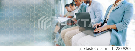 Recruitment, office row and business person with laptop for hiring, job interview or work mockup. Overlay, space and corporate meeting with employees, worker typing on computer for research seminar 132829202