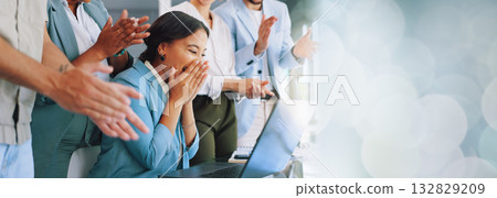 Business people, team and laptop with applause, space and bokeh for mockup, goal or celebration. Banner, winner woman and together for success on stock market, trading or profit at investment agency Business people, team and laptop with applause, space and bokeh for mockup, goal or celebration. Banner, winner woman and together for success on stock market, trading or profit at investment agency 132829209