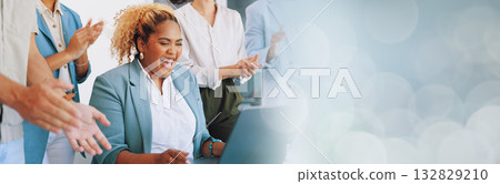 Business people, team and laptop with celebration, space and bokeh for mockup, goal or applause. Banner, winner woman and together for success on stock market, trading or profit at investment agency Business people, team and laptop with celebration, space and bokeh for mockup, goal or applause. Banner, winner woman and together for success on stock market, trading or profit at investment agency 132829210