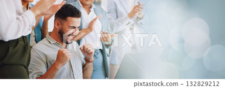 Business people, group and laptop with celebration, space and bokeh for mockup, goal or applause. Team, winner man and fist in air for success on stock market, trading or profit at investment agency Business people, group and laptop with celebration, space and bokeh for mockup, goal or applause. Team, winner man and fist in air for success on stock market, trading or profit at investment agency 132829212