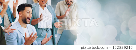 Business people, team and laptop with success, space and group for mockup, goal or celebration. Banner, winner man and together with applause for stock market, trading or profit at investment agency 132829213