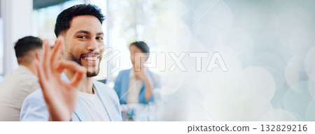 Business man, ok sign and space in portrait, review or feedback for choice, vote or smile at meeting. Corporate employee, emoji and icon for investing, mockup or happy for decision, deal or agreement 132829216