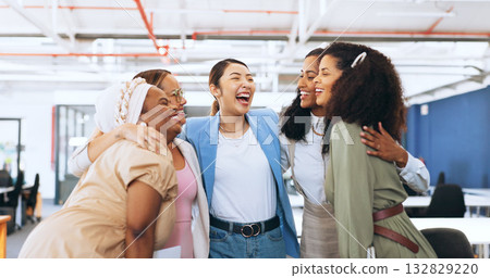 Hug, team building or happy business people in celebration of goals, group success or funding for startup. Partnership, smile or excited women in huddle for winning, motivation or solidarity together 132829220