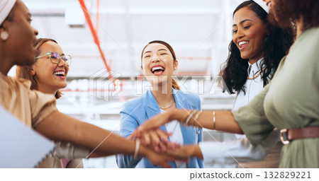 Hands stack, team building or excited business people with goal, mission or celebration for startup. Partnership, smile or happy women in meeting huddle for winning, motivation or solidarity together 132829221