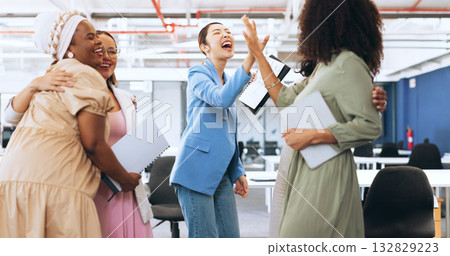 High five, teamwork or happy business women in celebration of goals, group mission or funding success. Partnership, smile or excited people in office for winning, motivation or solidarity together 132829223