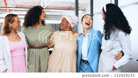 Diversity, business women and laughing team with solidarity for startup company. Female employees, funny joke and support of creative staff happy discussion from collaboration in office with smile 132829235