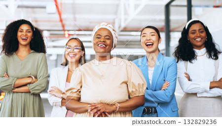 Business portrait, women arms crossed and group laugh with creative team trust, solidarity and empowerment. Workplace comedy, funny leadership group or diversity staff pride, cooperation and teamwork 132829236