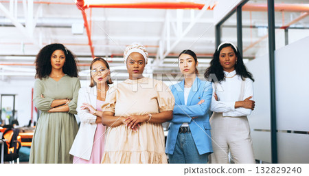 Group portrait, arms crossed and business women confident, serious and design team pride, solidarity and empowerment. Diversity job, career experience and workforce unity, collaboration and teamwork 132829240