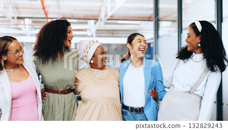 Diversity, business women and laughing work friends with team building for startup company. Female employees, funny joke and support of creative staff happy from collaboration in office with smile 132829243