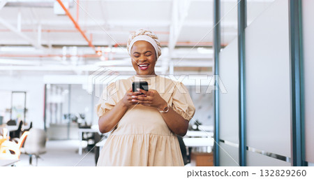 Business, phone and black woman in office with contact communication, laugh or networking joke. Smartphone, app and African female manager happy, reading or social media gif, meme or funny text chat Business, phone and black woman in office with contact communication, laugh or networking joke. Smartphone, app and African female manager happy, reading or social media gif, meme or funny text chat 132829260