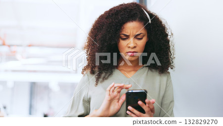 Frustrated, black woman and phone glitch on app or reading 404, error and spam notification in office. Fake news, online and person scroll on social media and confused with article, post or phishing Frustrated, black woman and phone glitch on app or reading 404, error and spam notification in office. Fake news, online and person scroll on social media and confused with article, post or phishing 132829270
