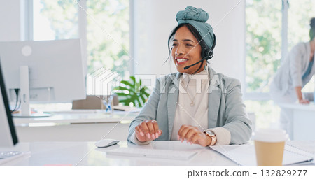 Business woman, call center and office communication, customer support or advice for website FAQ on computer. Professional muslim consultant speaking for contact information or virtual telemarketing 132829277