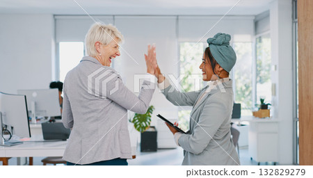 Senior, CEO or business women high five for support, team work or sales goals at an agency office. Smile, mature lady or happy employees winning with motivation, partnership or mission for success 132829279