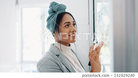 Entrepreneur, brainstorming and woman writing on board with planning, ideas or notes on glass wall in office. Business, strategy and employee thinking with a smile for project, goals and inspiration 132829280