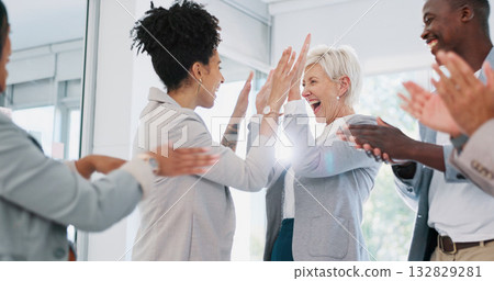 Business celebration, high five and happy people applause, congratulations and excited for promotion winner. Support praise, teamwork meeting and group clapping for achievement, team success or deal 132829281