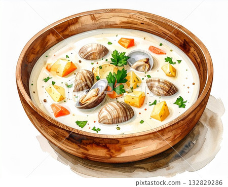 水彩插圖，描繪了盛在木碗中的蛤蜊濃湯。 132829286