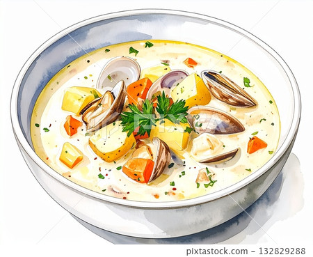 水彩插圖，描繪了一碗盛裝的蛤蜊濃湯 132829288