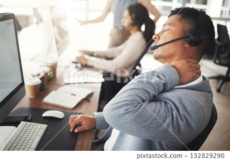 Customer support consulting, neck pain problem or man stress on telemarketing for contact us CRM. Call center fatigue, ecommerce burnout or tired information technology consultant with medical crisis Customer support consulting, neck pain problem or man stress on telemarketing for contact us CRM. Call center fatigue, ecommerce burnout or tired information technology consultant with medical crisis 132829290