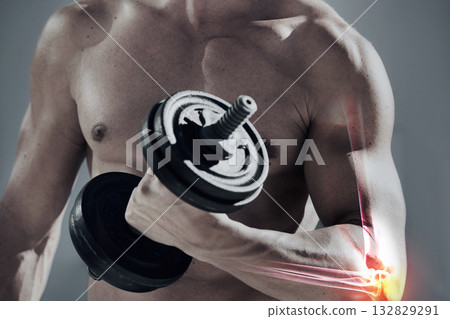 Exercise, bodybuilder man and dumbbell for muscle red overlay in studio or gym for strong body power. Athlete person with weights for training, workout or performance for healthy lifestyle and goals 132829291