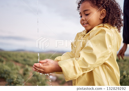 Kid, child and young girl washing hands for hygiene and sustainability in nature on a farm in winter. Water and splash outdoor by rinsing and cleaning hand for eco friendly or natural sanitation Kid, child and young girl washing hands for hygiene and sustainability in nature on a farm in winter. Water and splash outdoor by rinsing and cleaning hand for eco friendly or natural sanitation 132829292