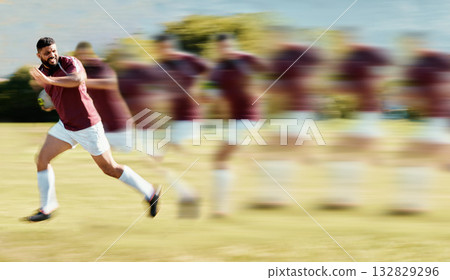 Sports, rugby and running with man on field for training, fitness and speed action in championship. Fast, workout and blur sequence with athlete playing in game for competition, exercise and cardio Sports, rugby and running with man on field for training, fitness and speed action in championship. Fast, workout and blur sequence with athlete playing in game for competition, exercise and cardio 132829296