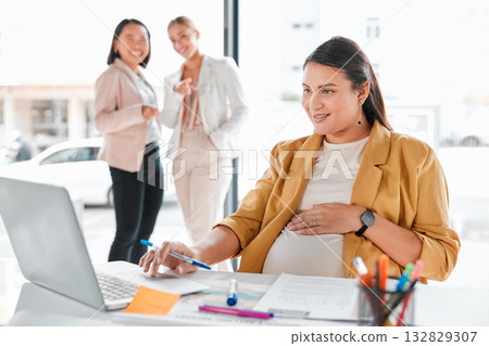 Gossip, pregnancy shame or business people pointing at pregnant woman in office working on laptop. Colleagues in workplace bullying, employee victim exclusion or worker harassment and discrimination 132829307