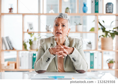 Confused, surprised and portrait of a woman in business with shock for corporate results. Mistake, frustrated and mature professional employee with anger, stress and shocked at a problem at a company 132829308