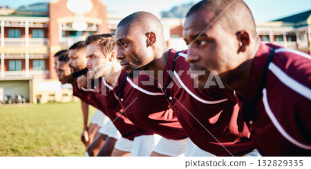 Man, huddle and team on grass field for sports coordination or collaboration outdoors. Group of sport men in fitness training, teamwork or strategy scrum getting ready to play game or match Man, huddle and team on grass field for sports coordination or collaboration outdoors. Group of sport men in fitness training, teamwork or strategy scrum getting ready to play game or match 132829335