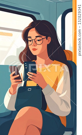 Sitting on a bus seat and looking at my phone 132829341