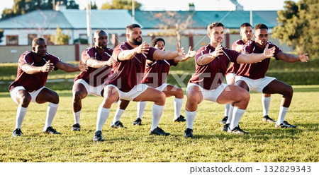 Rugby, warm up or team stretching in training, exercise or practice with solidarity or unity together. Collaboration, fitness group or athletes exercising to start a game or match in sports stadium Rugby, warm up or team stretching in training, exercise or practice with solidarity or unity together. Collaboration, fitness group or athletes exercising to start a game or match in sports stadium 132829343