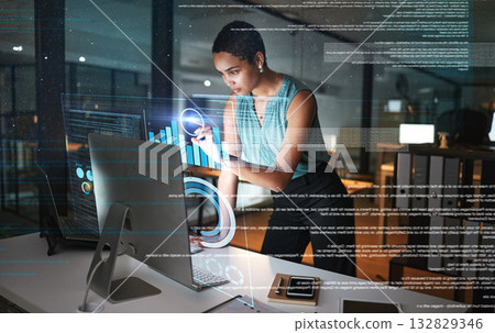 Computer, hologram hud or business woman pointing at future administration ui, network research chart or graph. Digital transformation dashboard, night overlay or African person work on data analysis 132829346