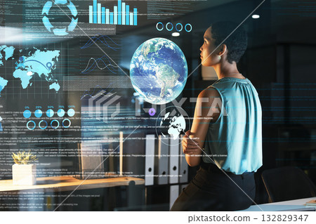 World, night and overlay with a business black woman using an ai or ux interface to access the metaverse of data. Digital, future and information with a global network working on a 3d hologram World, night and overlay with a business black woman using an ai or ux interface to access the metaverse of data. Digital, future and information with a global network working on a 3d hologram 132829347