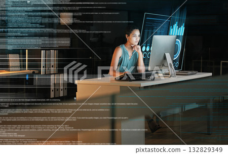 Computer, hologram hud or person reading future administration dashboard, ui chart or cloud computing software. Digital transformation web, night overlay or black woman focus on fintech data analysis 132829349