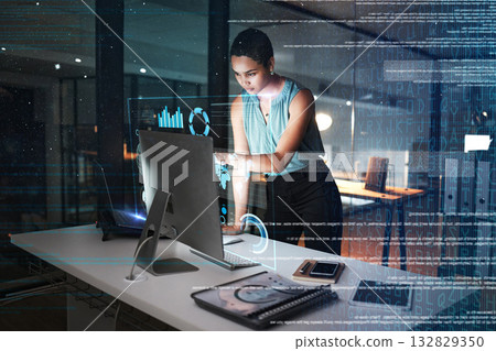 Office computer, hologram or night person reading future administration dashboard, research chart or ui software. Digital transformation, cloud computing overlay and black woman work on data analysis 132829350
