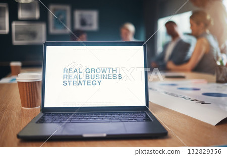 Computer slideshow, business strategy and corporate presentation in a conference room. Research analytics, laptop screen and digital course for executive growth knowledge and innovation with tech 132829356