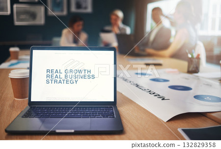 Computer presentation, business strategy and corporate slideshow in a conference room. Research analytics, laptop screen and digital course for executive growth knowledge and innovation with tech 132829358