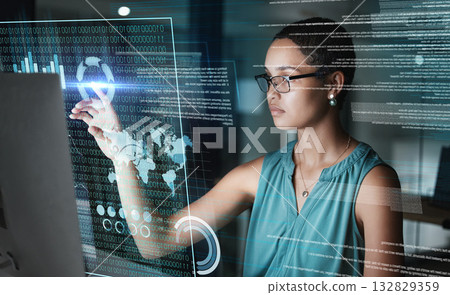 Computer, hologram hud or woman point at global communication, networking info graph or research analytics. Network digital transformation, ui dashboard or African person work on future night overlay 132829359