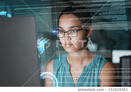 Computer data analysis, hologram hud or woman reading global communication, networking info or research analytics. Network digital transformation, ui hud or African face focus on future night overlay Computer data analysis, hologram hud or woman reading global communication, networking info or research analytics. Network digital transformation, ui hud or African face focus on future night overlay 132829361