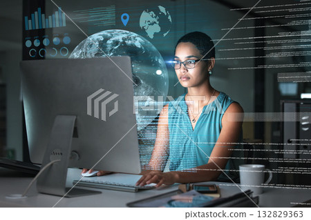 Computer hologram, global network and woman reading data analysis of earth communication, world networking or chart. Futuristic night overlay, planet ui hud or African media employee working overtime Computer hologram, global network and woman reading data analysis of earth communication, world networking or chart. Futuristic night overlay, planet ui hud or African media employee working overtime 132829363