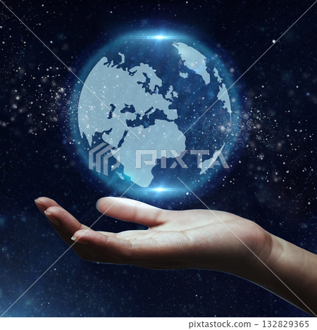 Earth day, digital universe and hand with a planet for sustainability, environment and eco friendly. Support, care and person with a holographic world with a galaxy for connection and ecology Earth day, digital universe and hand with a planet for sustainability, environment and eco friendly. Support, care and person with a holographic world with a galaxy for connection and ecology 132829365