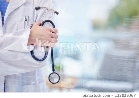 Doctor, hands and stethoscope with arms crossed on mockup for healthcare, life insurance or service. Hand of medical expert GP in cardiology for professional medicare assurance on overlay 132829367