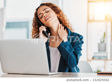 Business, phone call and black woman with neck pain, laptop and burnout in workplace, muscle strain or overworked. Injury, African American female employee or ceo with smartphone or tension in office Business, phone call and black woman with neck pain, laptop and burnout in workplace, muscle strain or overworked. Injury, African American female employee or ceo with smartphone or tension in office 132829382