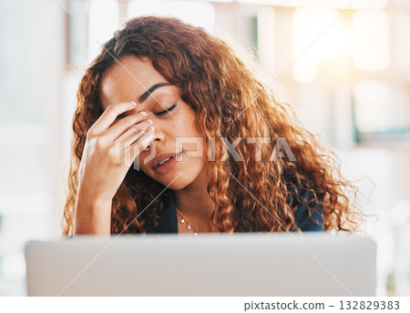 Burnout, headache and frustrated business woman on laptop in office of 404 technology glitch, crisis or problem. Sad worker, stress and computer mistake with anxiety, fatigue or face of mental health Burnout, headache and frustrated business woman on laptop in office of 404 technology glitch, crisis or problem. Sad worker, stress and computer mistake with anxiety, fatigue or face of mental health 132829383