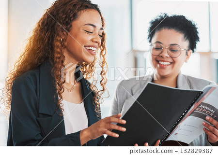 Businesswoman, document and team laughing for report planning, preparation or strategy at the office. Female manager smiling and laugh with colleague in analysis or fun project plan at the workplace Businesswoman, document and team laughing for report planning, preparation or strategy at the office. Female manager smiling and laugh with colleague in analysis or fun project plan at the workplace 132829387